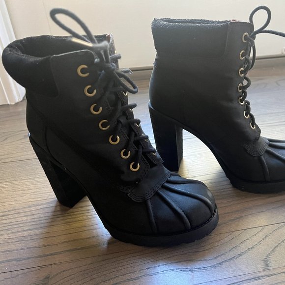 Lucky Brand Laverne Lace-Up Chunky High Heel Ankle Duck Booties Black Size 8.5M - Picture 5 of 12